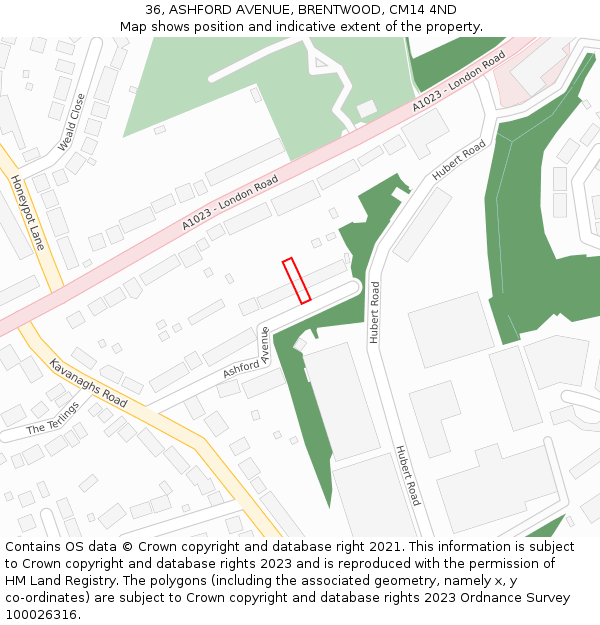 36, ASHFORD AVENUE, BRENTWOOD, CM14 4ND: Location map and indicative extent of plot