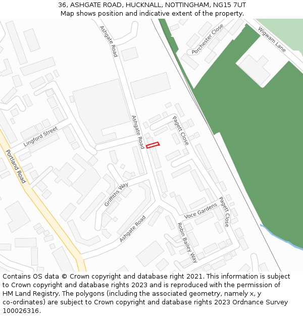 36, ASHGATE ROAD, HUCKNALL, NOTTINGHAM, NG15 7UT: Location map and indicative extent of plot
