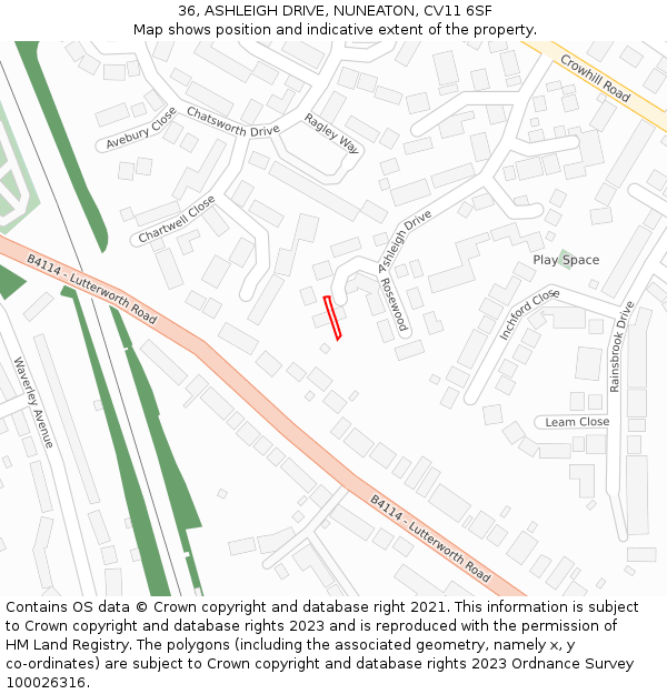36, ASHLEIGH DRIVE, NUNEATON, CV11 6SF: Location map and indicative extent of plot