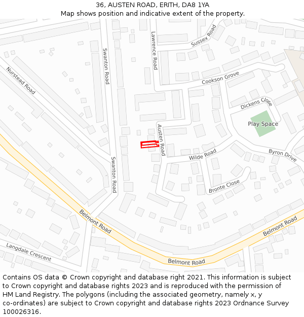 36, AUSTEN ROAD, ERITH, DA8 1YA: Location map and indicative extent of plot