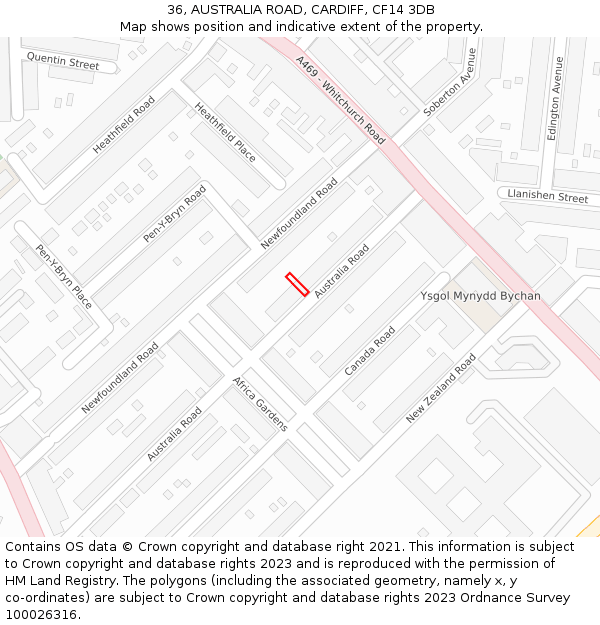 36, AUSTRALIA ROAD, CARDIFF, CF14 3DB: Location map and indicative extent of plot