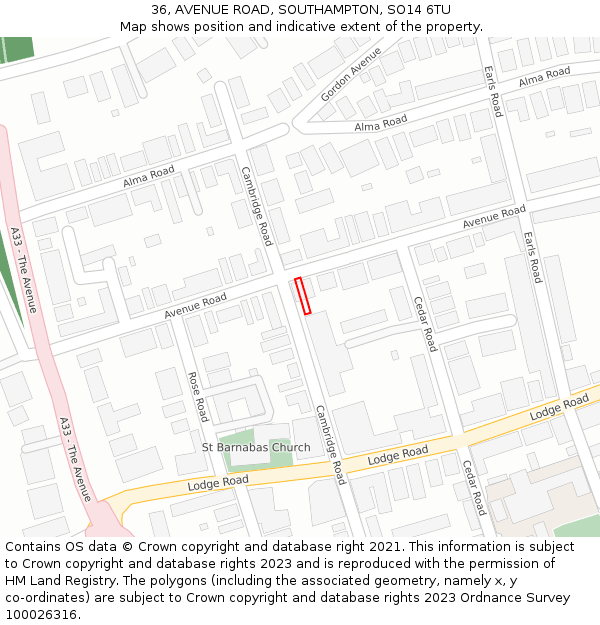 36, AVENUE ROAD, SOUTHAMPTON, SO14 6TU: Location map and indicative extent of plot