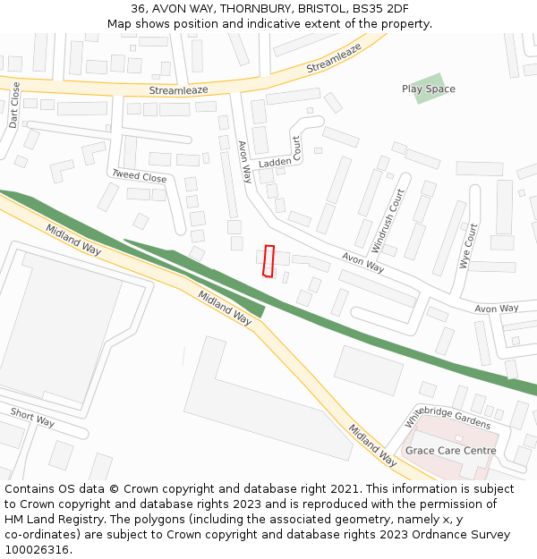 36, AVON WAY, THORNBURY, BRISTOL, BS35 2DF: Location map and indicative extent of plot