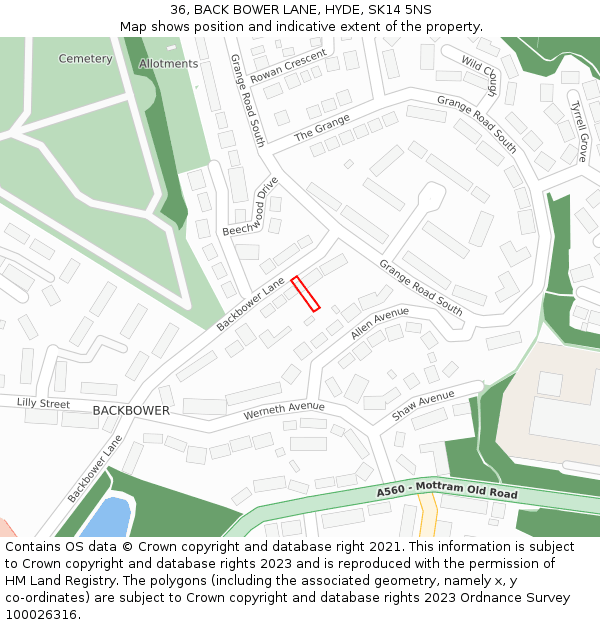 36, BACK BOWER LANE, HYDE, SK14 5NS: Location map and indicative extent of plot