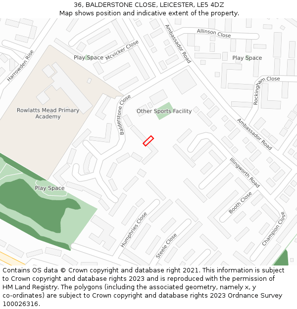 36, BALDERSTONE CLOSE, LEICESTER, LE5 4DZ: Location map and indicative extent of plot