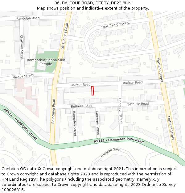 36, BALFOUR ROAD, DERBY, DE23 8UN: Location map and indicative extent of plot
