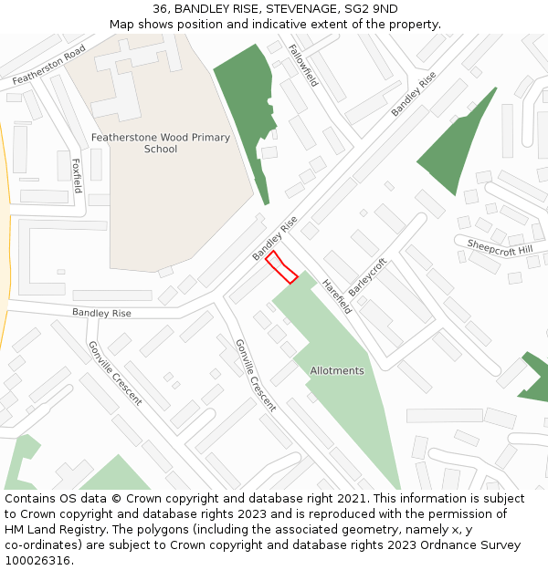 36, BANDLEY RISE, STEVENAGE, SG2 9ND: Location map and indicative extent of plot