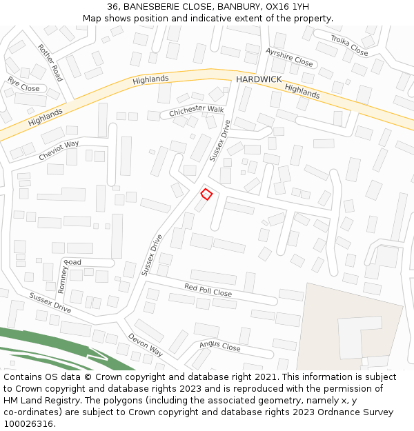 36, BANESBERIE CLOSE, BANBURY, OX16 1YH: Location map and indicative extent of plot