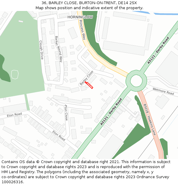 36, BARLEY CLOSE, BURTON-ON-TRENT, DE14 2SX: Location map and indicative extent of plot
