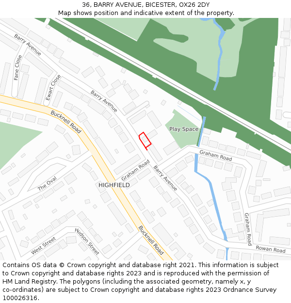 36, BARRY AVENUE, BICESTER, OX26 2DY: Location map and indicative extent of plot
