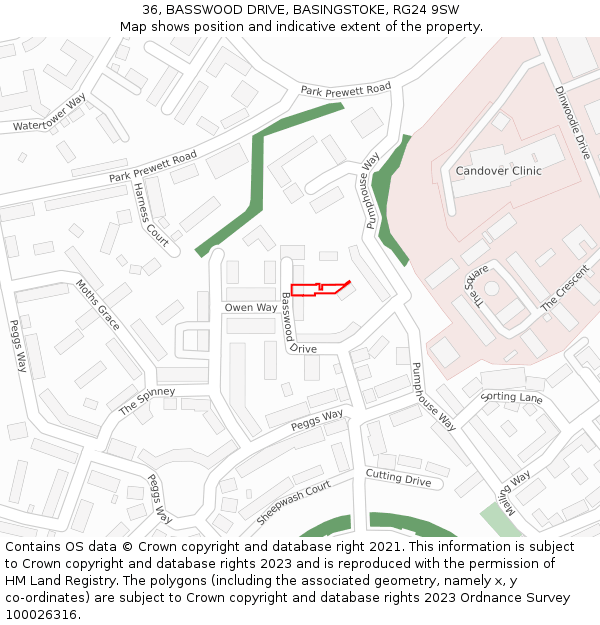 36, BASSWOOD DRIVE, BASINGSTOKE, RG24 9SW: Location map and indicative extent of plot