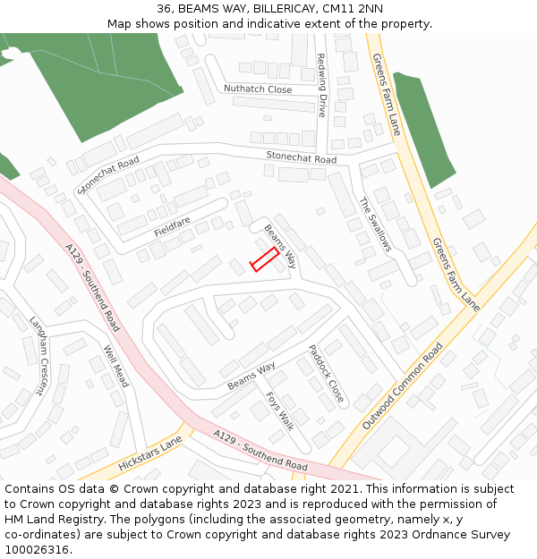 36, BEAMS WAY, BILLERICAY, CM11 2NN: Location map and indicative extent of plot