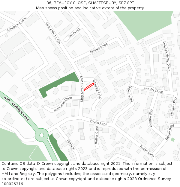 36, BEAUFOY CLOSE, SHAFTESBURY, SP7 8PT: Location map and indicative extent of plot