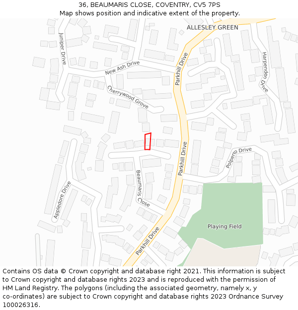 36, BEAUMARIS CLOSE, COVENTRY, CV5 7PS: Location map and indicative extent of plot