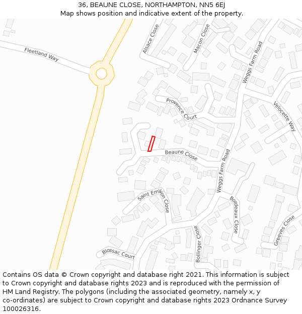 36, BEAUNE CLOSE, NORTHAMPTON, NN5 6EJ: Location map and indicative extent of plot