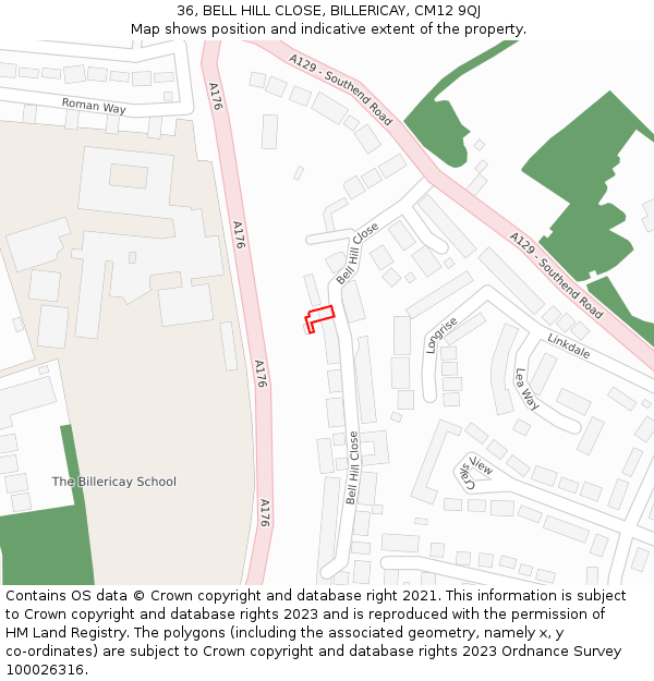 36, BELL HILL CLOSE, BILLERICAY, CM12 9QJ: Location map and indicative extent of plot
