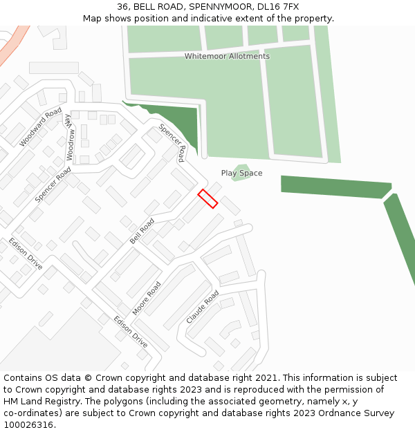 36, BELL ROAD, SPENNYMOOR, DL16 7FX: Location map and indicative extent of plot