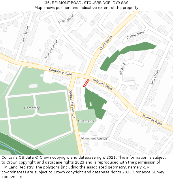 36, BELMONT ROAD, STOURBRIDGE, DY9 8AS: Location map and indicative extent of plot