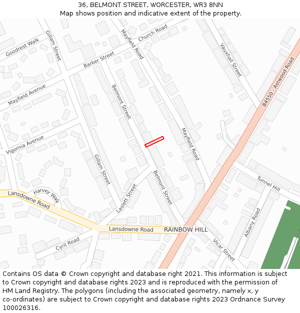 36, BELMONT STREET, WORCESTER, WR3 8NN: Location map and indicative extent of plot