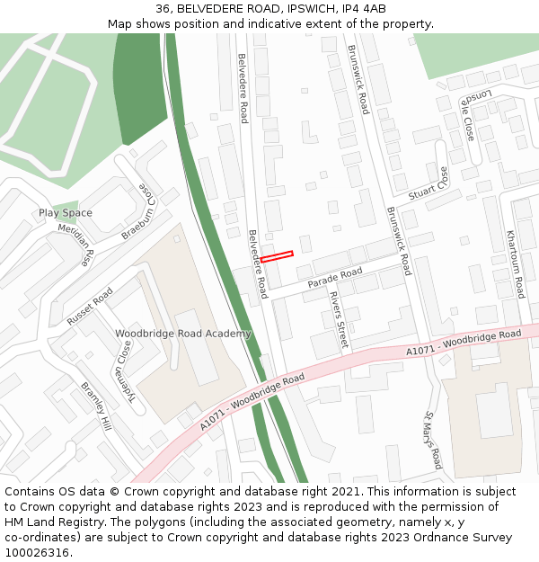 36, BELVEDERE ROAD, IPSWICH, IP4 4AB: Location map and indicative extent of plot