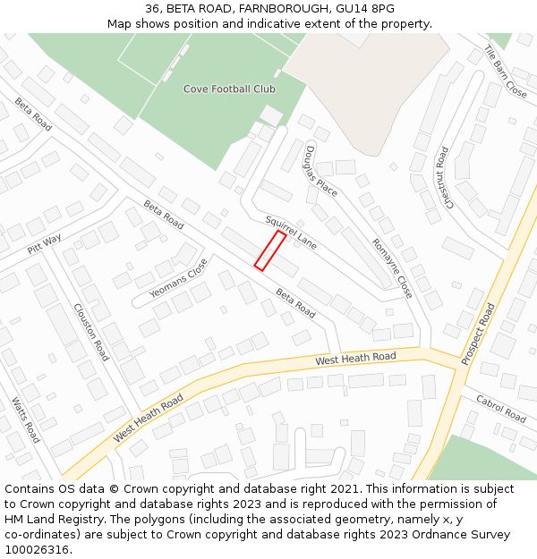 36, BETA ROAD, FARNBOROUGH, GU14 8PG: Location map and indicative extent of plot