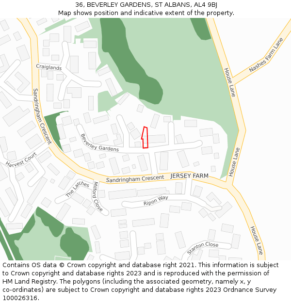 36, BEVERLEY GARDENS, ST ALBANS, AL4 9BJ: Location map and indicative extent of plot