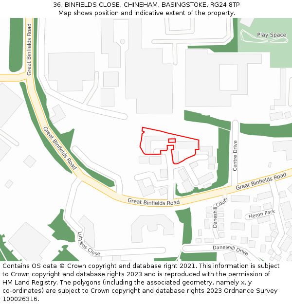 36, BINFIELDS CLOSE, CHINEHAM, BASINGSTOKE, RG24 8TP: Location map and indicative extent of plot