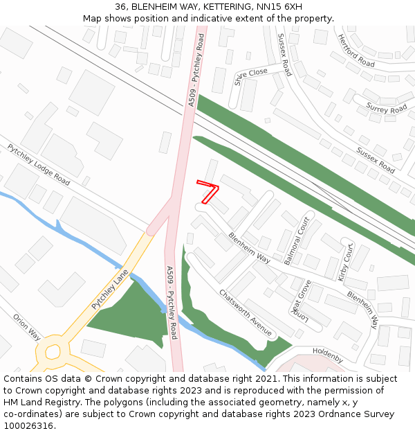 36, BLENHEIM WAY, KETTERING, NN15 6XH: Location map and indicative extent of plot