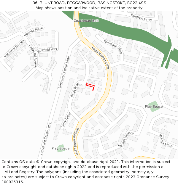 36, BLUNT ROAD, BEGGARWOOD, BASINGSTOKE, RG22 4SS: Location map and indicative extent of plot