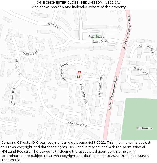 36, BONCHESTER CLOSE, BEDLINGTON, NE22 6JW: Location map and indicative extent of plot