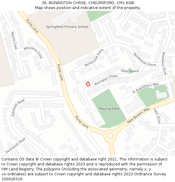 36, BONINGTON CHASE, CHELMSFORD, CM1 6GB: Location map and indicative extent of plot