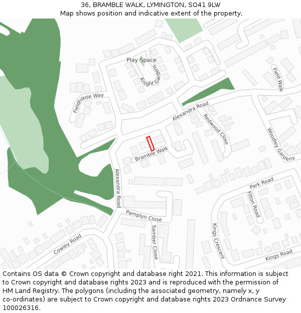 36, BRAMBLE WALK, LYMINGTON, SO41 9LW: Location map and indicative extent of plot