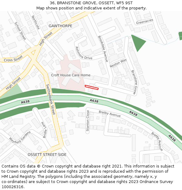 36, BRANSTONE GROVE, OSSETT, WF5 9ST: Location map and indicative extent of plot