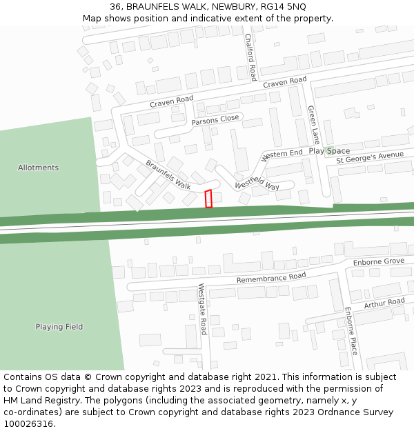 36, BRAUNFELS WALK, NEWBURY, RG14 5NQ: Location map and indicative extent of plot