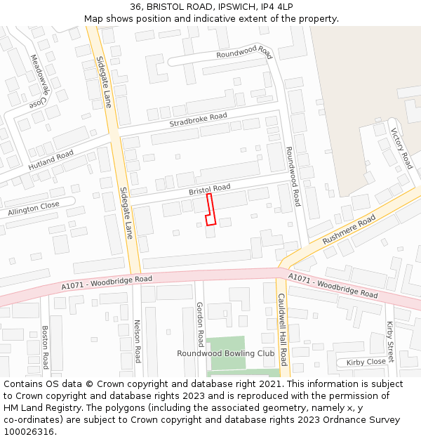 36, BRISTOL ROAD, IPSWICH, IP4 4LP: Location map and indicative extent of plot