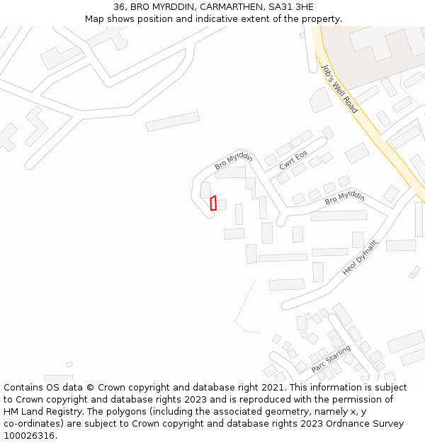 36, BRO MYRDDIN, CARMARTHEN, SA31 3HE: Location map and indicative extent of plot