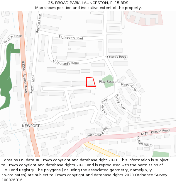 36, BROAD PARK, LAUNCESTON, PL15 8DS: Location map and indicative extent of plot