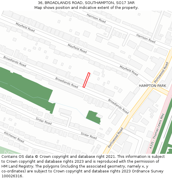 36, BROADLANDS ROAD, SOUTHAMPTON, SO17 3AR: Location map and indicative extent of plot