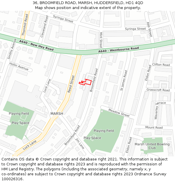 36, BROOMFIELD ROAD, MARSH, HUDDERSFIELD, HD1 4QD: Location map and indicative extent of plot