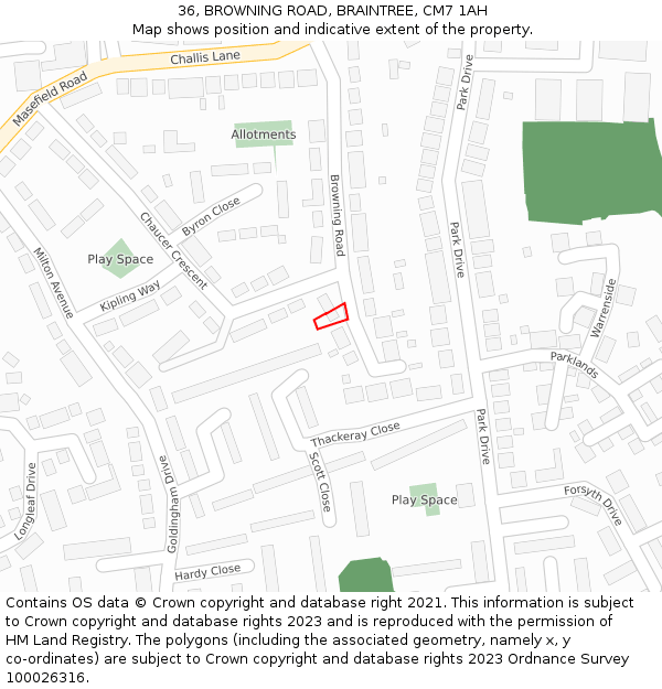 36, BROWNING ROAD, BRAINTREE, CM7 1AH: Location map and indicative extent of plot