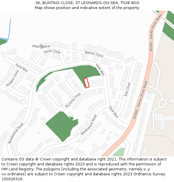 36, BUNTING CLOSE, ST LEONARDS-ON-SEA, TN38 8DG: Location map and indicative extent of plot