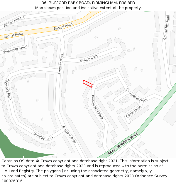 36, BURFORD PARK ROAD, BIRMINGHAM, B38 8PB: Location map and indicative extent of plot