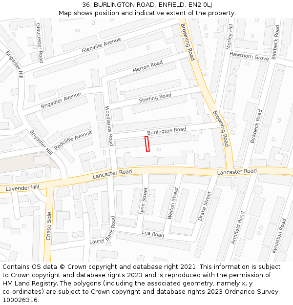 36, BURLINGTON ROAD, ENFIELD, EN2 0LJ: Location map and indicative extent of plot