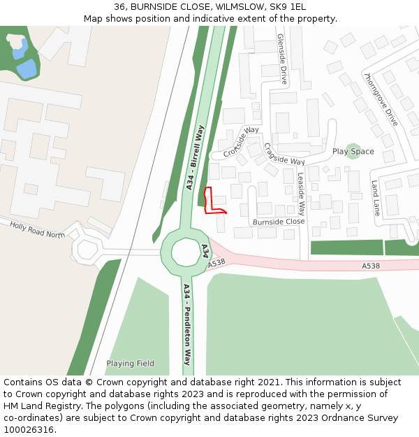 36, BURNSIDE CLOSE, WILMSLOW, SK9 1EL: Location map and indicative extent of plot