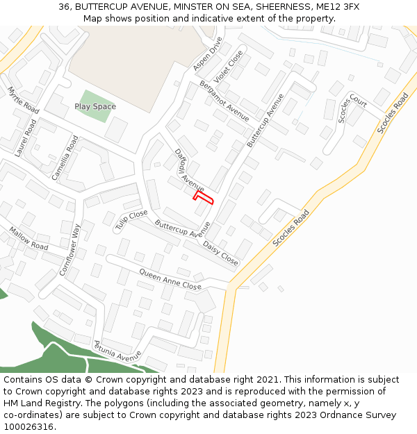 36, BUTTERCUP AVENUE, MINSTER ON SEA, SHEERNESS, ME12 3FX: Location map and indicative extent of plot