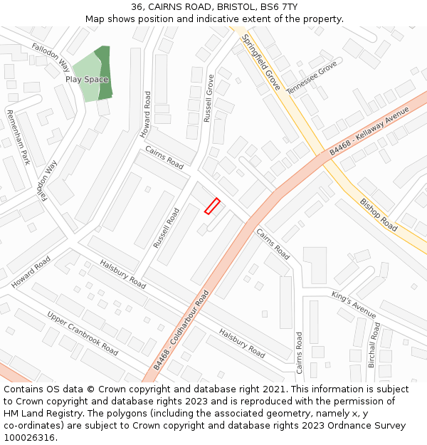 36, CAIRNS ROAD, BRISTOL, BS6 7TY: Location map and indicative extent of plot