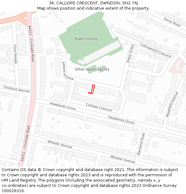 36, CALLIOPE CRESCENT, SWINDON, SN2 7AJ: Location map and indicative extent of plot