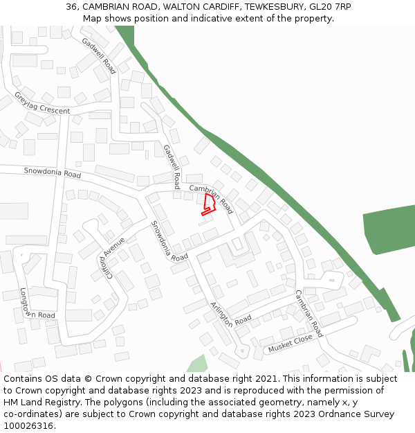 36, CAMBRIAN ROAD, WALTON CARDIFF, TEWKESBURY, GL20 7RP: Location map and indicative extent of plot
