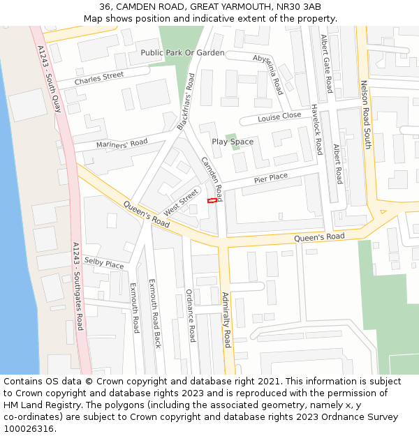36, CAMDEN ROAD, GREAT YARMOUTH, NR30 3AB: Location map and indicative extent of plot