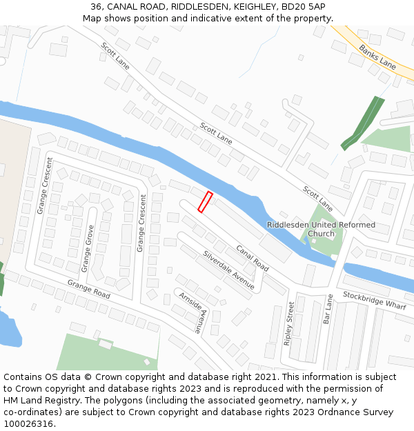 36, CANAL ROAD, RIDDLESDEN, KEIGHLEY, BD20 5AP: Location map and indicative extent of plot